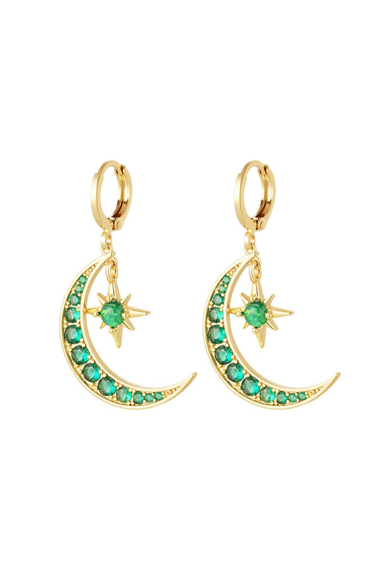 Earrings moon and star - Sparkle collection Green & Gold Copper