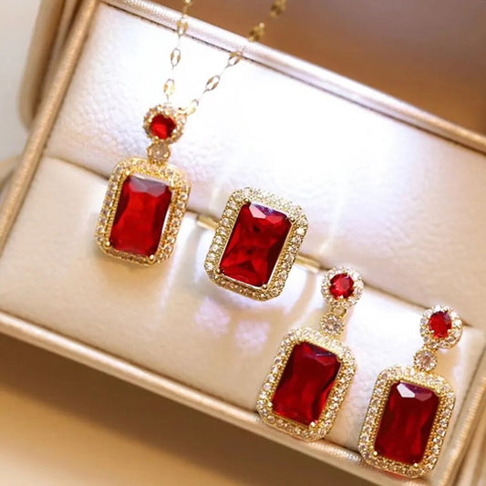 4PCS Sets Exquisite Quadrate Rhinestone Necklace Earrings